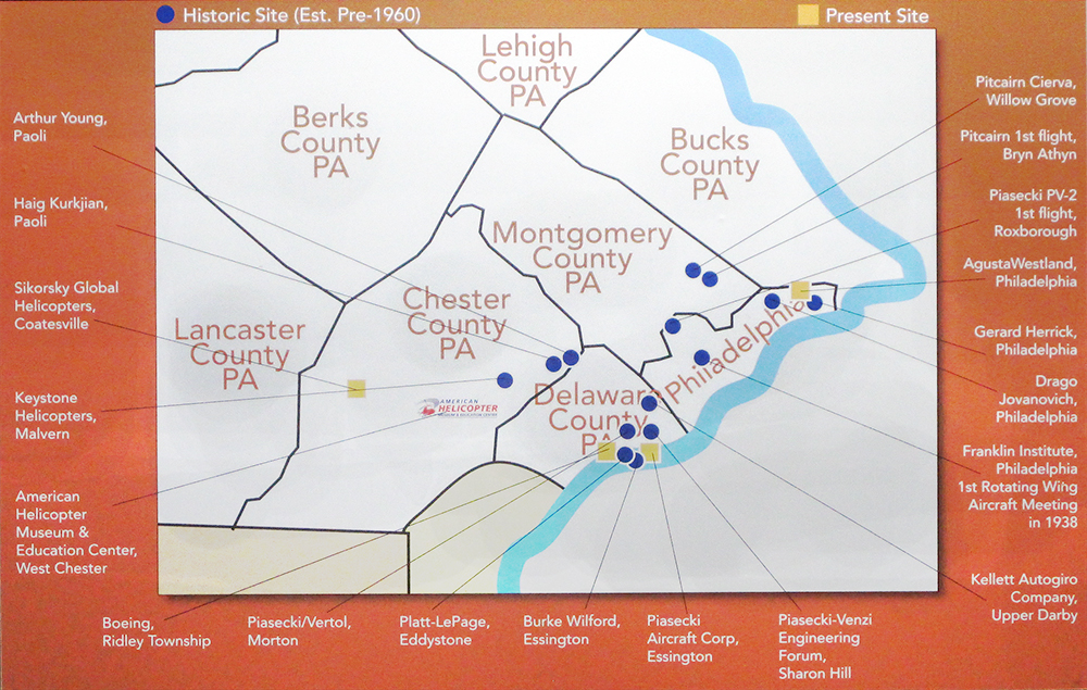This map of the Delaware Valley in the museum marks the highlights of rotary-wing aviation in the area. AHMEC