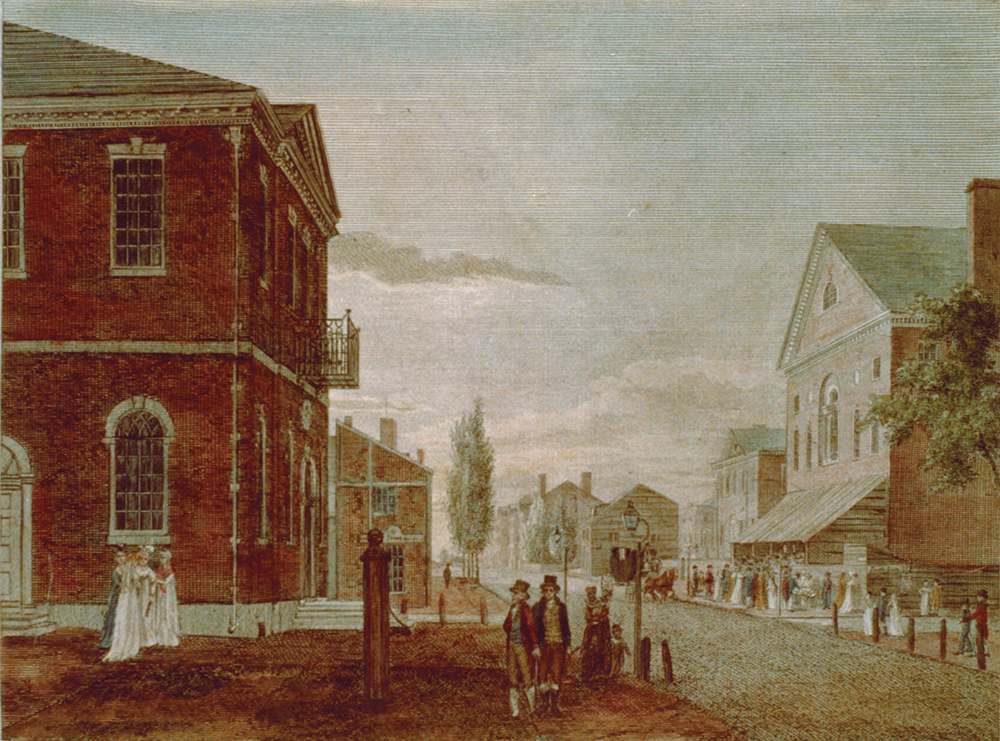 William Birch & Son engraved this view of Congress Hall and New Theatre, which appeared in The City of Philadelphia, in the State of Pennsylvania North America (1800), the first book of color plates to be produced in the U.S. While Birch and his son Thomas were designing and engraving the images, daughter Penelope was painting still lifes. Library of Congress