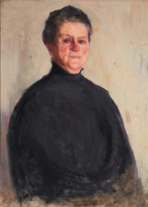Demuth probably painted this portrait of his mother Augusta Wills Buckius Demuth (no date, oil on canvas, 32 3/8 x 23 5/8 in.) during his student years in Philadelphia. Never completed, the image is, nevertheless, strong. According to poet William Carlos Williams, “She was a horse of a woman, a strange mother for such a wisp of a man.”