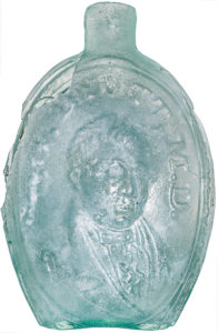 This Dyottville Glass Works pint flask featuring Benjamin Franklin’s portrait on one side and Dyott’s own image on the reverse was unearthed during a recent archaeological excavation of the factory site at Richmond and Dyott streets in Philadelphia.