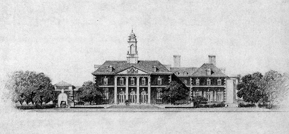 This 1941 scheme by Paul Philippe Cret showing the west elevation for a new governor’s residence was intended, like the White House, to include offices for the chief executive and staff. Pennsylvania State Archives / MG-160