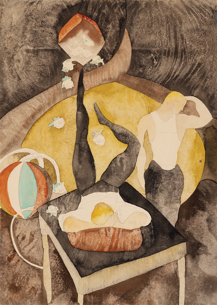 In Vaudeville: Two Acrobat-Jugglers (1916, watercolor and graphite on wove paper, 11 3/16 x 8 in.) was painted by Demuth probably after he saw a show at the Colonial Theatre in Lancaster. Disabled himself, Demuth admired physical dexterity.