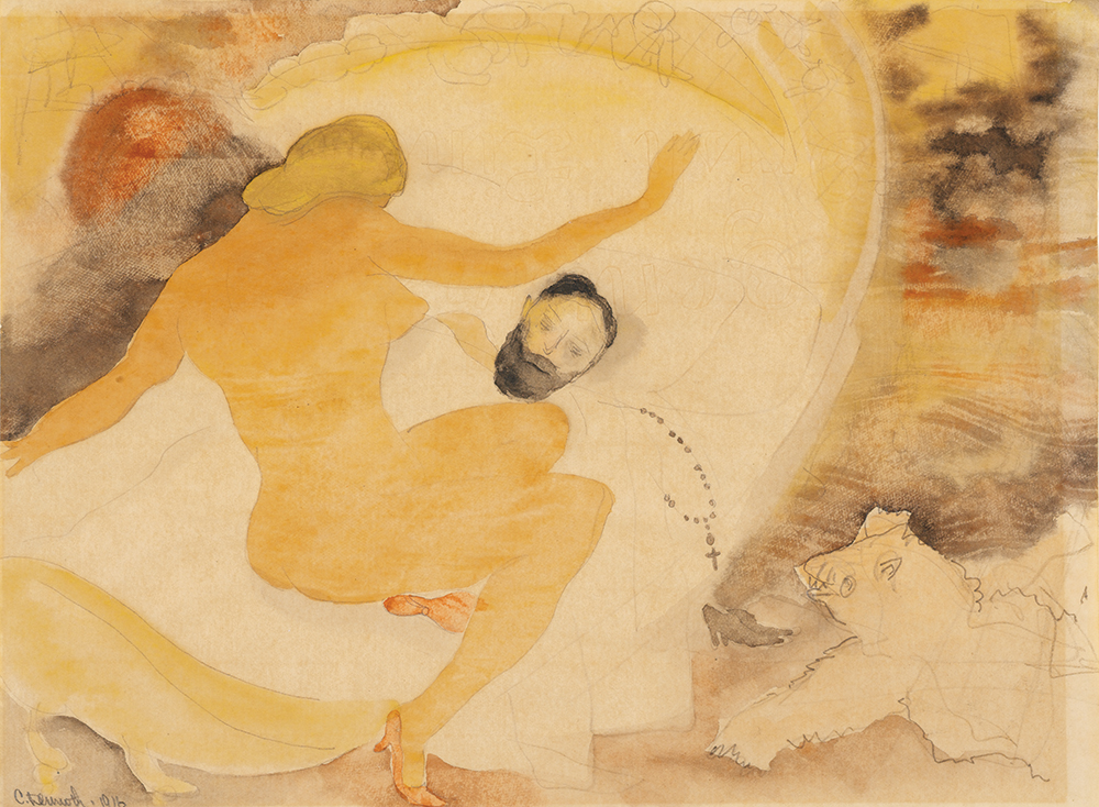 Nana and Count Muffat (1916, watercolor and graphite on thin wove paper, 8 x 10 3/4 in.) was from a series that Demuth painted illustrating Emile Zola’s 1880 novel Nana. The Barnes Foundation