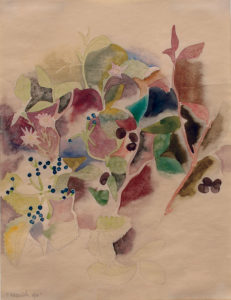 Flower Piece (1916, watercolor and graphite on wove paper, 10 7/8 x 8 3/8), left, is one of many floral still lifes that Demuth painted throughout his career. Although he always executed them in watercolor, his techniques evolved through the years. The flower studies were his most popular and best-selling works.