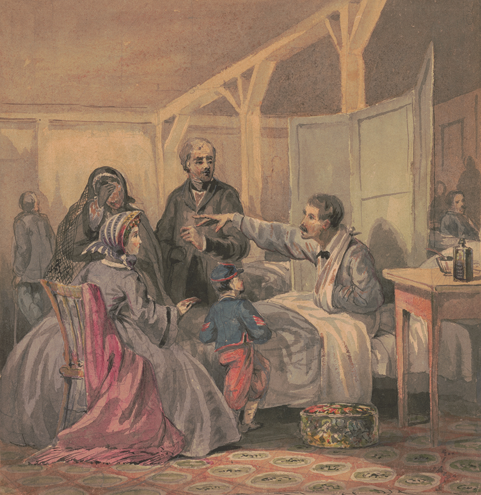 A bottle of Helmbold’s Buchu sits on a table beside a wounded Civil War soldier in this painting by Philadelphia artist James Fuller Queen (c. 1821–1886) for the sheet music cover design of what would be published as “A Message from the Battlefield,” a song by German-born Philadelphia composer Mark Hassler (1834–1906). The design includes the note “respectfully dedicated to H. T. Helmbold, chemist, manufacturer of Helmbold Extract Buchu.” Library of Congress