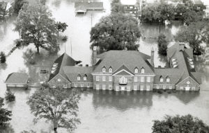 In June 1972 flood waters from Tropical Storm Agnes inundated and devastated much of Harrisburg, including the four-year-old Governor’s Residence. Full recovery would take several years. Pennsylvania State Archives / MG-309