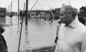 Gov. Milton Shapp, one of many hundreds of Harrisburg residents left homeless by the Agnes flood of 1972, spent several months surveying damage in communities throughout Pennsylvania, expediting recovery and relief efforts, and coordinating federal, state and local resources. Pennsylvania State Archives / MG-309
