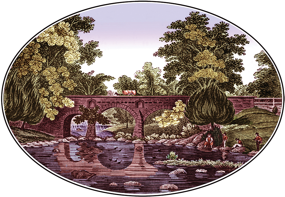 William Breton’s 1830 lithograph — illuminated in watercolor in 2012 by Huntingdon Valley artist Ellie Moniz — is one of the earliest depictions of the bridge.
