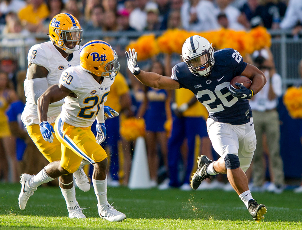In two games against Pittsburgh, Penn State’s Saquon Barkley rushed 34 times for 173 yards and five touchdowns and caught six passes for 90 yards and two touchdowns.