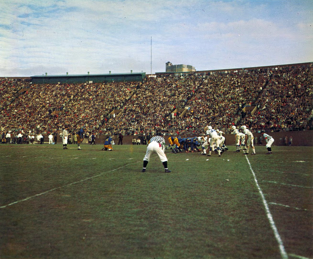 Pitt kicks an extra point in their 25–21 defeat to the Nittany Lions on November 27, 1958.