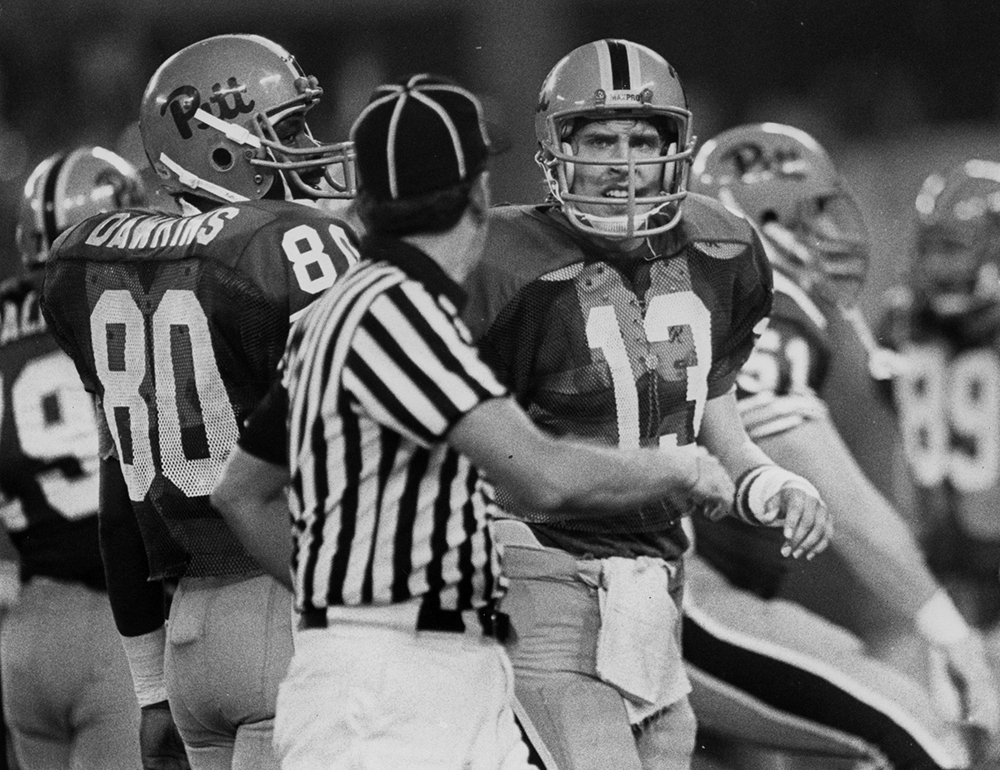 After four years leading the Pitt offense, Dan Marino, here in 1982, scored record-breaking statistics with 693 completed passes of 1,204 for 8,597 yards, 79 touchdowns, and 69 interceptions.