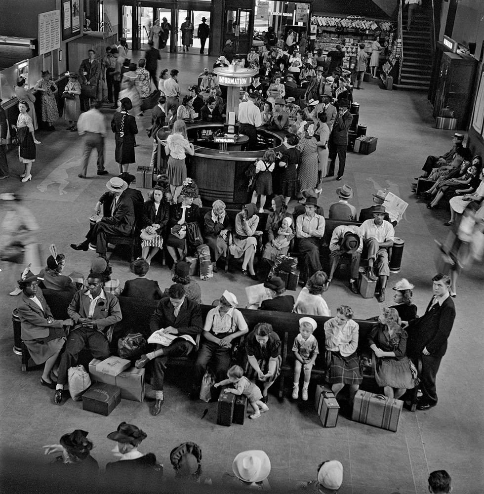 The waiting room at the Greyhound bus terminal in Pittsburgh displays touches of Streamline Moderne styling, including terrazzo floors.