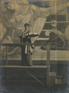 Violet Oakley on a scaffolding while painting the lady in blue in the mural International Understanding and Unity.