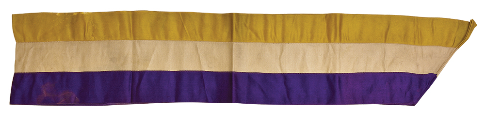 Parades and pageants—a staple of the campaign for women’s suffrage in the 1910s—featured scores of supporters wearing colorful sashes such as this one. These highly choreographed displays were designed to raise the movement’s public visibility. The purple, white and gold sash belonged to the Congressional Union, the militant wing of the movement headed up by Philadelphia-educated Alice Paul.