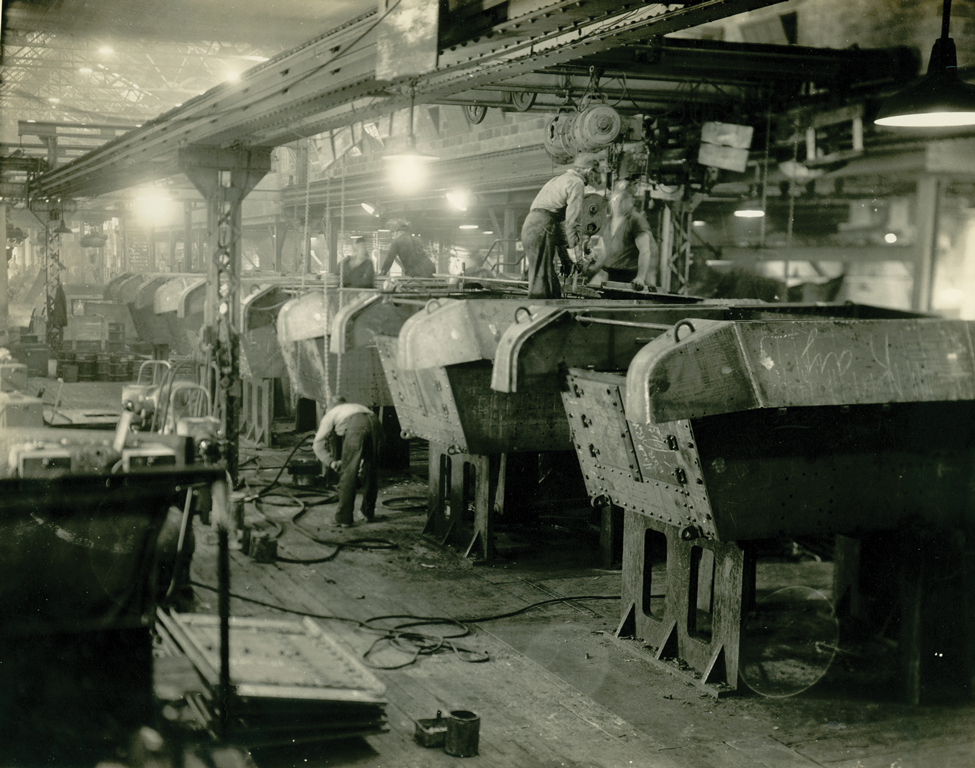 Workers assembling tank hulls. Berwick Historical Society