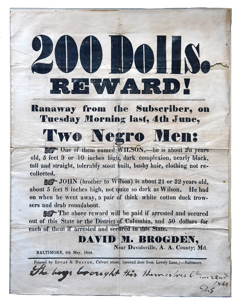 A $200 reward poster for two fugitive slaves who took shelter at the Underground Railroad station at Beechdale. Daniel Gibbons wrote at the bottom, “The boys brought this themselves 6th mo. 22nd 1844.”