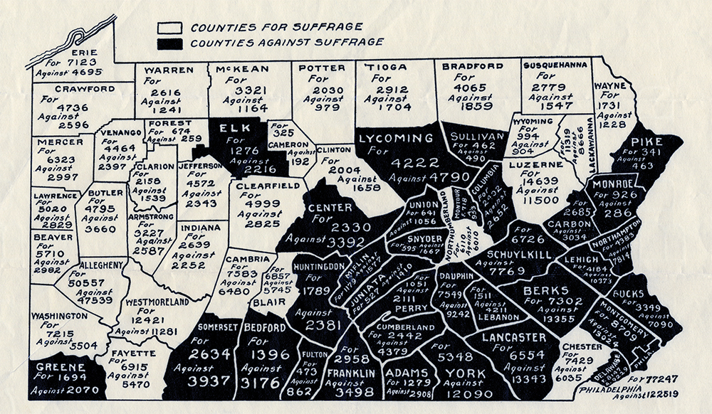 The Pennsylvania Men’s League for Women's Suffrage published this map showing referendum results by county in 1915. Counties that voted "yes" are in white; those that voted "no" are in black. Antisuffrage sentiment remained strongest in conservative Pennsylvania German counties in southeast and southcentral Pennsylvania. By contrast, support for the measure was surprisingly strong in the mill and mining towns of southwestern and northeastern Pennsylvania.