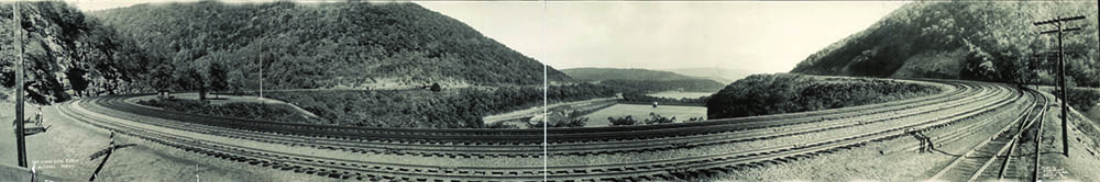 A 1934 panoramic photograph by A. P. McDowell of Altoona captures the magnitude of Horseshoe Curve. Library of Congress