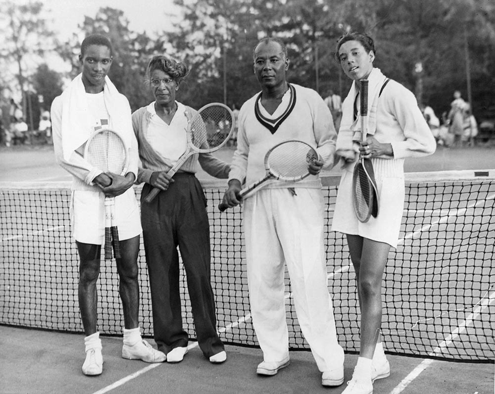 Ora Washington and her partner George Stewart, left, meet Walter Johnson and Althea Gibson, right, for the ATA Nationals mixed doubles championship at Tuskegee Institute in 1947. Tuskegee University Archives