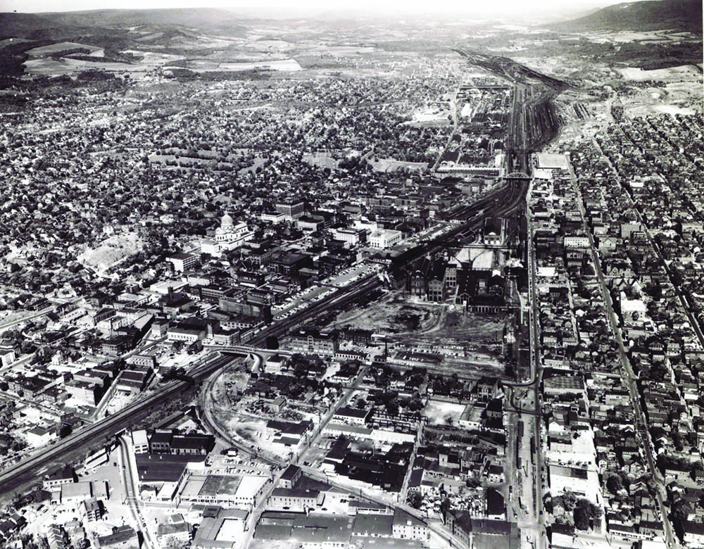 The Pennsylvania Railroad’s significant presence in Altoona can be seen in this aerial view of the city in the portion at the center surrounded by railroad tracks. Collection of Dan Cupper