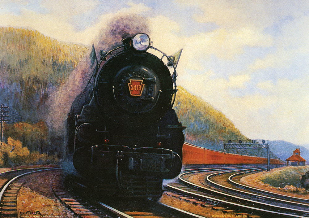 Horseshoe Curve, hailed as a “triumph of science” after it opened near Altoona in 1854, was part of a vital transportation corridor for the Pennsylvania Railroad. Grif Teller painted this view of PRR K4s-class locomotive No. 5419 rounding the curve for the railroad’s 1935 wall calendar. Collection of Dan Cupper