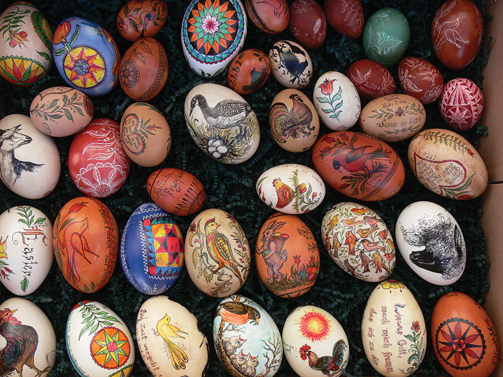 A spread of eggs by the Pennsylvania Dutch folk artist, poet and musician Peter V. Fritsch (1945–2015), showing a wide range of painted, scratched and dyed expressions. Pennsylvania German Cultural Heritage Center, Kutztown University