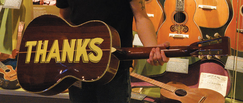 Rodgers had “thanks” painted on the reverse side of the guitar large enough to be read by his audiences when he flipped it. Guitar, C. F. Martin & Co. Collection / Photo, PHMC