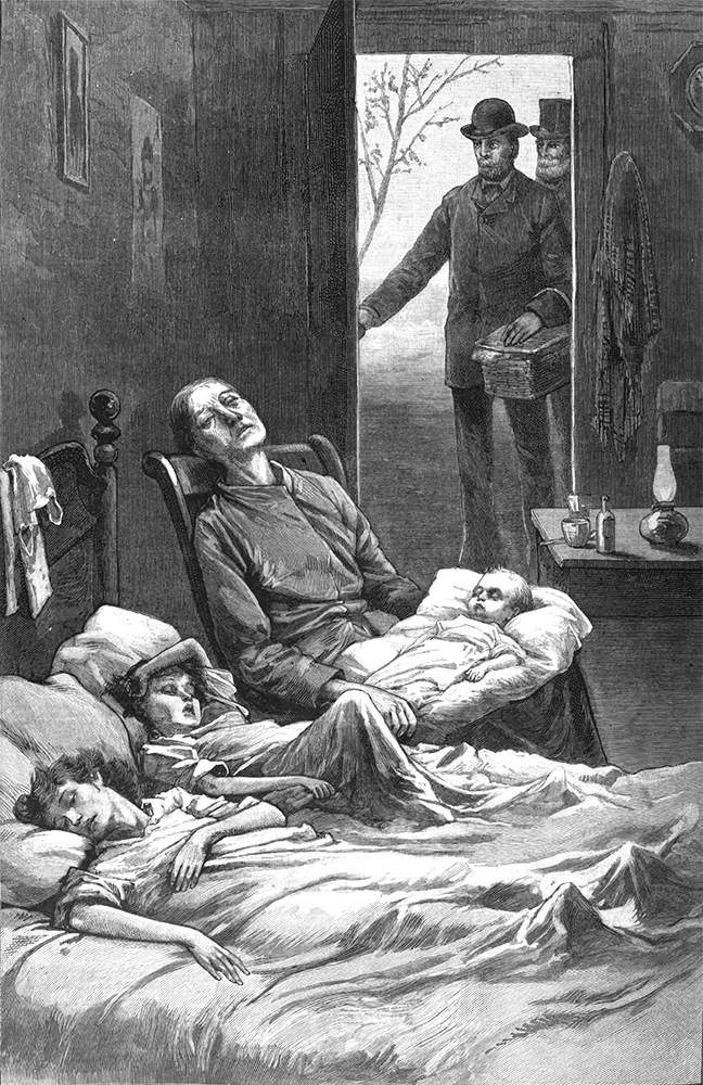 A relief party arrives at a Plymouth home devastated by typhoid, 1885. From Frank Leslie’s Illustrated Newspaper, May 23, 1885