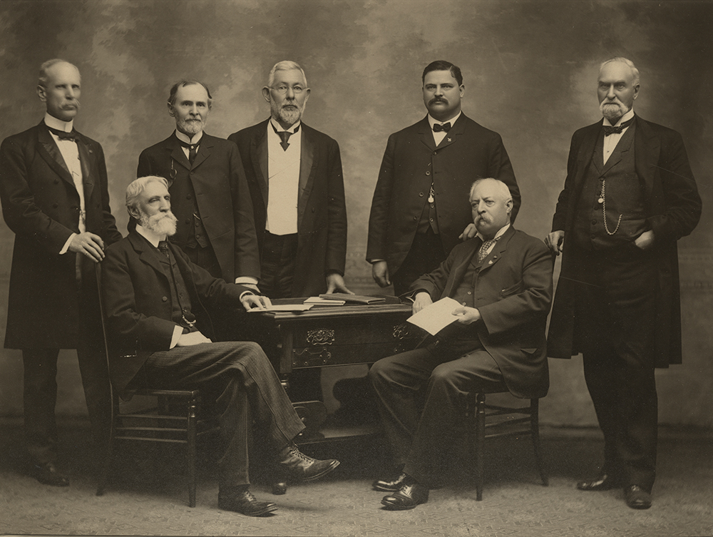 Dr. Benjamin Lee, seated on the left, was the founder and first secretary of the Pennsylvania State Board of Health. Other board members in this May 1905 photograph are, standing from left, Col. Milton Embick, Dr. J. H. McClelland, Prof. George G. Groff, Dr. Charles H. Harvey and John Fulton and, seated on the right, Dr. Samuel T. Davis. Pennsylvania State Archives/RG-11