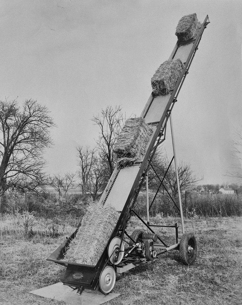 A full-scale Ruth elevator, 1940-50, with one of the commodities for which it was intended, conveying hay or straw bales up into the barn loft. It was also useful for carrying corn up into the corncrib. Shoveling cob corn down from a wagon into its receiving hopper was less work than slinging shovels full up into the crib opening. Courtesy Gwendolyn Ruth Dickinson