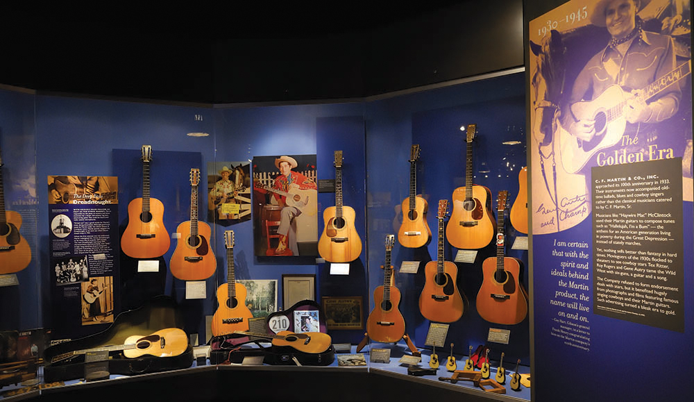 A variety of Martin guitars represent the Golden Era, 1930–45, at the Martin Guitar Museum in Nazareth. Photo, PHMC