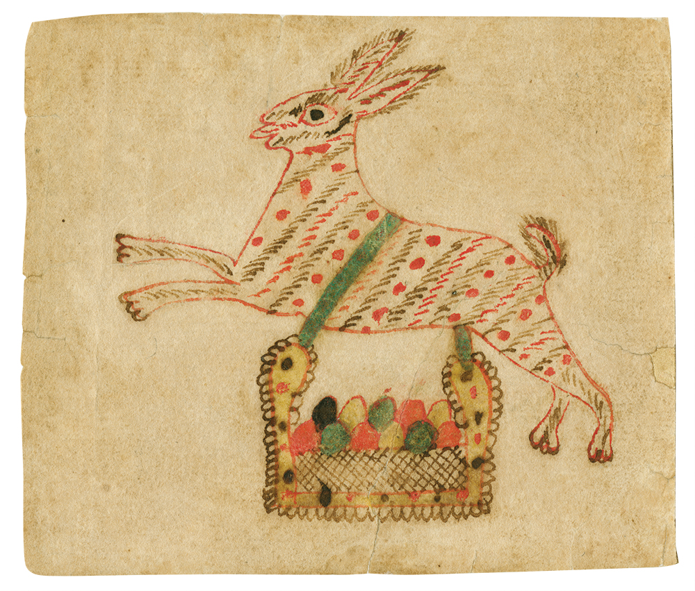 Schoolmaster and church warden Johann Conrad Gilbert (1734-1812) of Brunswick Township, Schuylkill County (formerly Berks), painted the two oldest known images of the Easter Rabbit in North America. This one was created sometime between 1790 and 1810, likely as a reward of merit, or Belohnung, for Gilbert’s pupils. The Colonial Williamsburg Foundation (Museum Purchase)