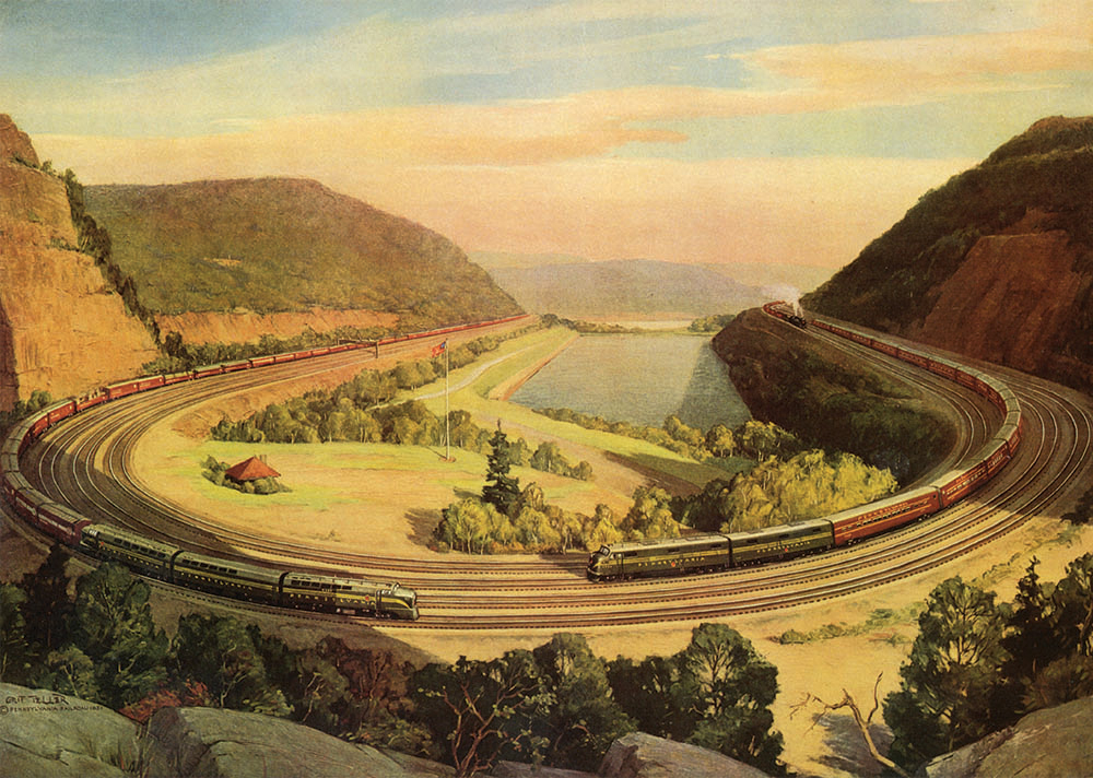 Grif Teller painted another view of Horseshoe Curve, still intact after the war in 1952, for that year’s Pennsylvania Railroad wall calendar. Collection of Dan Cupper