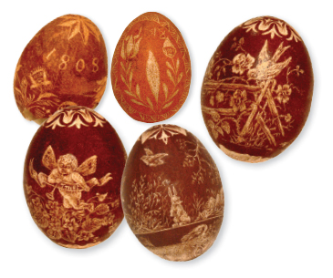 The three eggs at the bottom are by the family of master stone carver Enos K. Newman (1832–1910), a third-generation egg artist from Palm, Montgomery County. The two eggs at the top were scratched in 1808 and 1818 by Enos’ grandfather, Christopher Newman. Eggs, Schwenkfelder Library & Heritage Center, Pennsburg, PA / Photo by Patrick J. Donmoyer