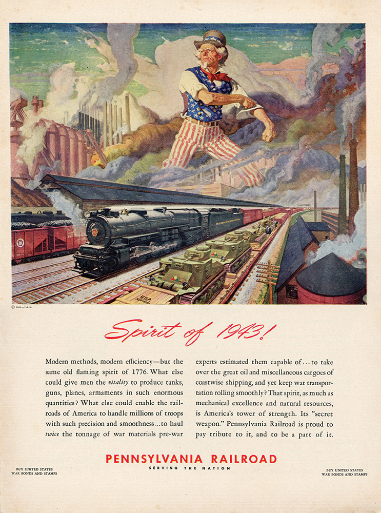 In a scene from PRR’s 1943 wall calendar, artist Dean Cornwell painted an allegorical sky featuring Uncle Sam in a boxer’s stance, looming above a tableau of industry and railroading engaged in wartime production. Collection of Dan Cupper
