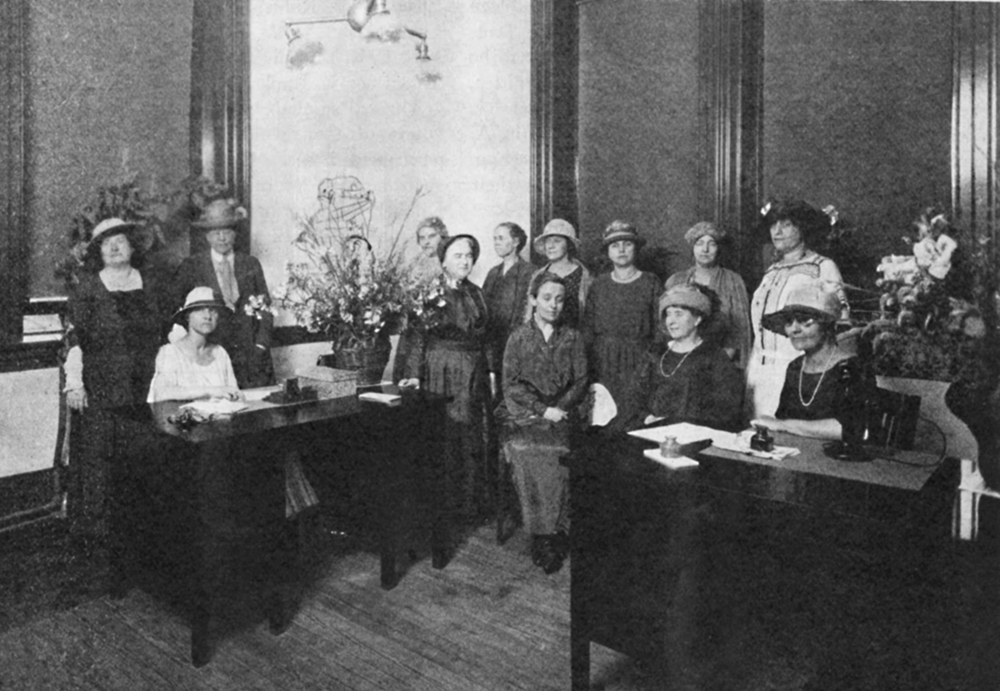 Pennsylvania League of Women Voters officials convene inside the organization’s newly opened regional headquarters in Harrisburg, across from the State Capitol. During the recently concluded 1923 session, the league had used a private residence on North Front Street as its temporary legislative headquarters. From Bulletin of the Pennsylvania League of Women Voters, August 1923