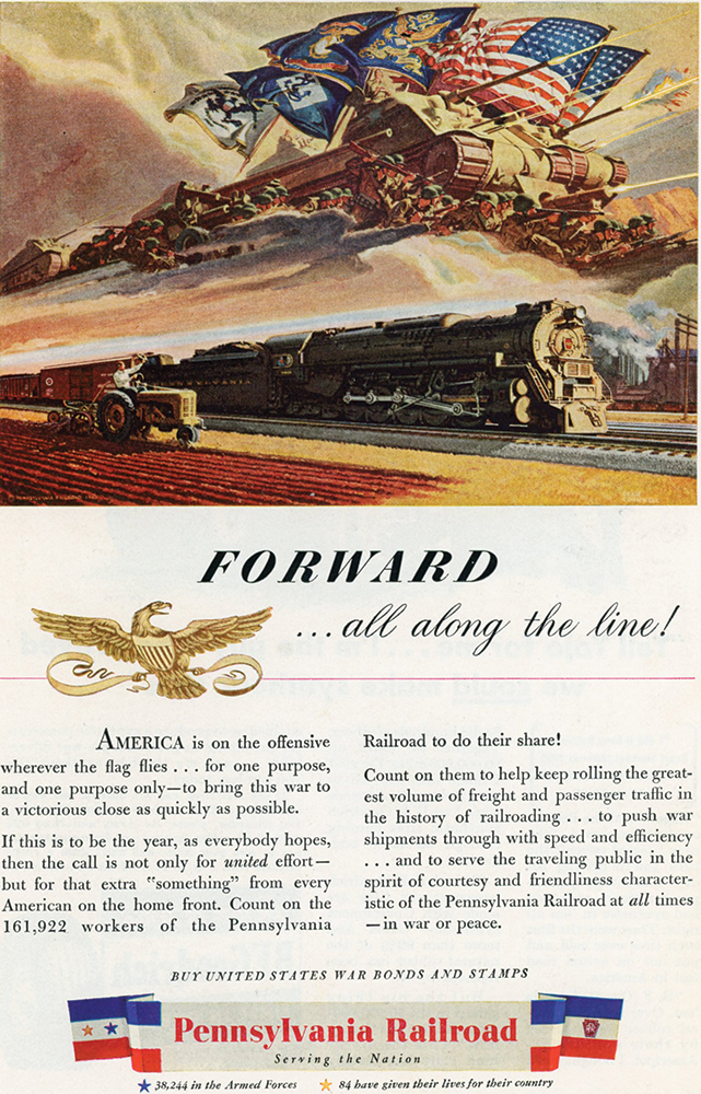 Dean Cornwell’s calendar painting for 1944 showed the teamwork of agriculture, railroading and military might necessary to feed a nation—and its troops—while engaging in modern warfare. Collection of Dan Cupper