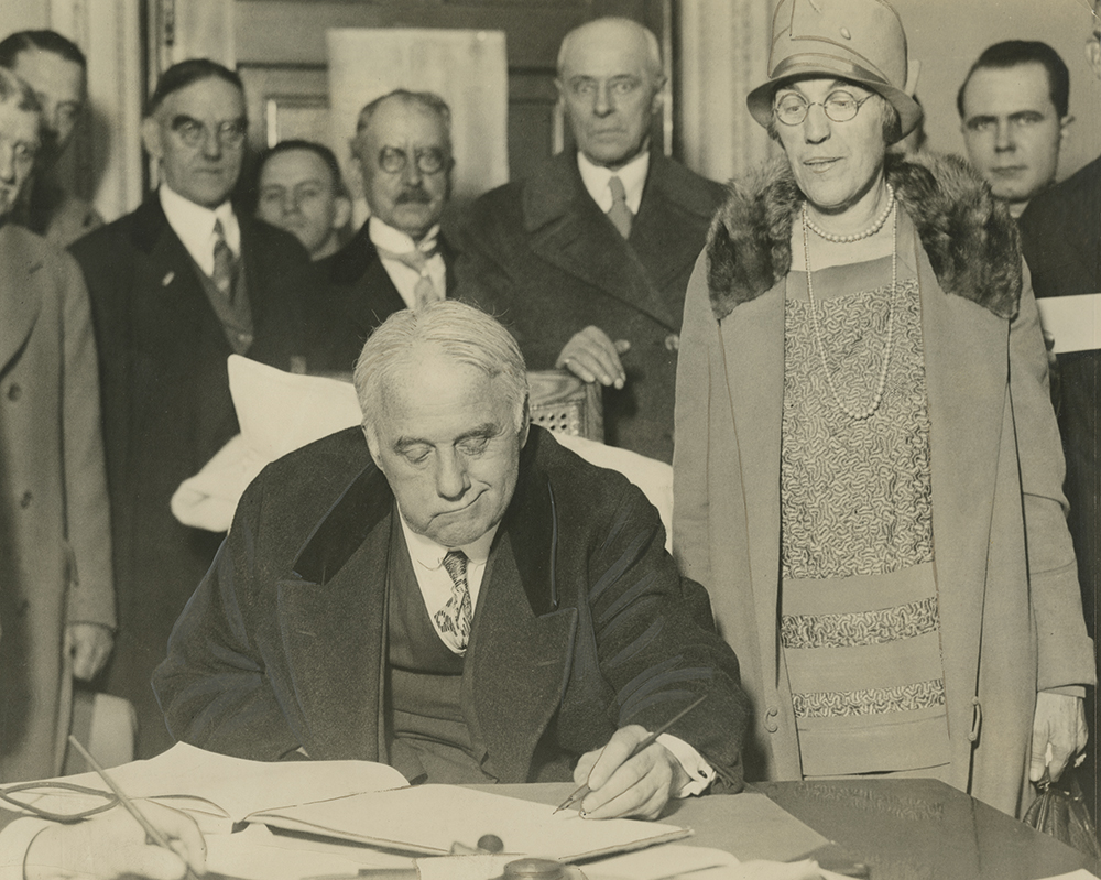 After his brother Edwin died in 1922, William Vare (seated, with his wife Ida behind him) became boss-apparent for the powerful Republican machine in Philadelphia. Although political machines had been opposed to suffrage, “old guard” bosses like Vare did their best to manage women after it became clear that they were in politics to stay. In 1925 Vare tapped his sister-in law, Flora Vare, to succeed him in the state Senate, making her the first woman to serve in that legislative body. Special Collections Research Center, Temple University Libraries, Philadelphia