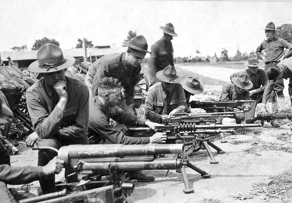 The U.S. Army trained its machine gunners with various domestic and foreign weapons. Strickler’s company was issued the French Hotchkiss model seen in the center of this photo with the five large heat sinks on the barrel. The State Museum of Pennsylvania