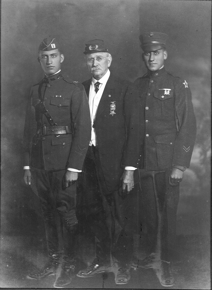 Capt. Daniel Strickler and younger brother Pvt. Jacob Harold Strickler, USMC, pose with their grandfather, Civil War veteran Daniel Bursk, after World War I. LancasterHistory, Lancaster, PA