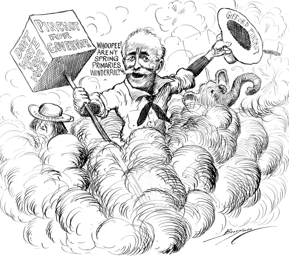 Gifford Pinchot’s victory in the 1922 Republican gubernatorial primary stunned Pennsylvania’s “old guard” Republican establishment. Although he lost machine-controlled Pittsburgh and Philadelphia, the nation’s “first forester” and Teddy Roosevelt’s protégé carried 61 of the commonwealth’s remaining 65 counties. Pinchot’s primary platform, which emphasized government efficiency and Prohibition enforcement, resonated strongly with women voters. He credited his victory in large measure to their support. The U.S. National Archives