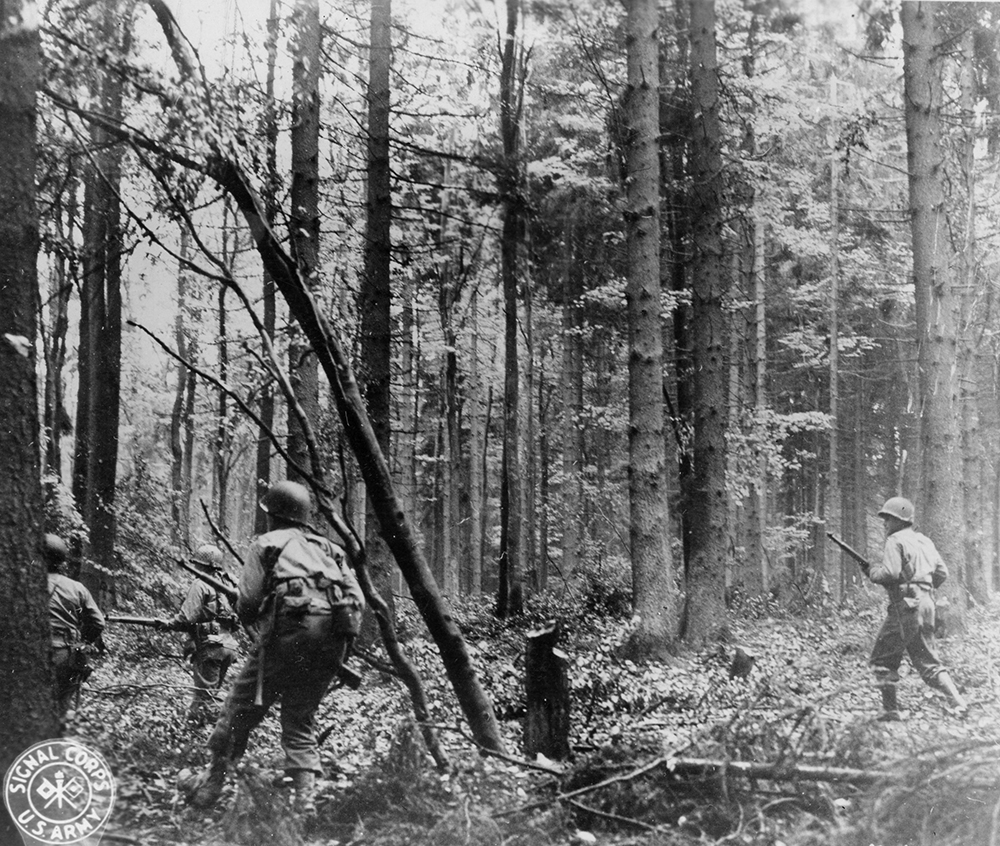 Soldiers of Company E, 110th Infantry Regiment in the Hürtgen Forest near Vossenack, Germany. Pennsylvania State Archives, MG-356