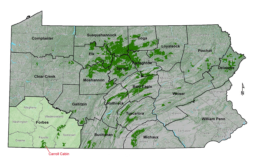 Map of Pennsylvania State Forest Districts, showing the location of Carroll Cabin in Forbes State Forest in the Forbes District. Pennsylvania Department of Conservation and Natural Resources