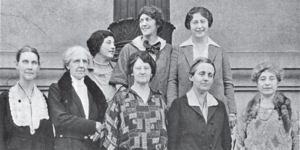 The first group of women elected to the state General Assembly gathered in front of the Capitol for this photograph, which the Pennsylvania League of Women Voters published in the May 1923 issue of its bulletin. In the front row, from left to right, are Sarah Gallaher, Alice Bentley, Lillie Pitts, Martha Thomas and Sarah Gertrude MacKinney; in the back are Martha Speiser, Helen Grimes and Rosa de Young. Pennsylvania League of Women Voters