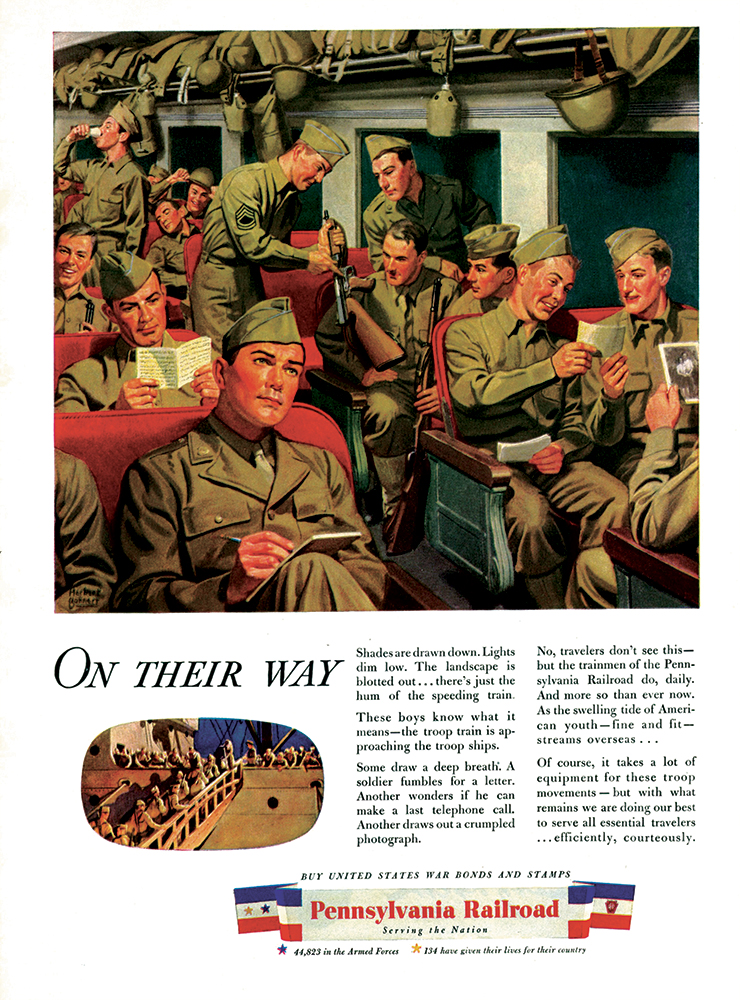 Details of railroad troop movements—where, when and why—were considered top secret, as reflected by the drawn window shades of the coach interior in this 1944 painting. Collection of Dan Cupper