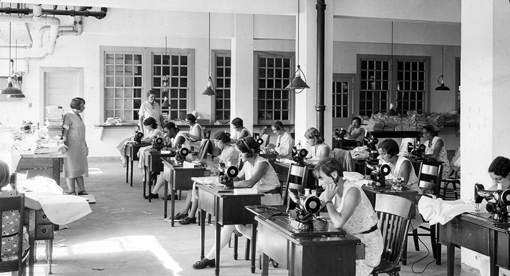 A sewing class at Laurelton Village, captured on a lantern slide. Pennsylvania State Archives, RG-23