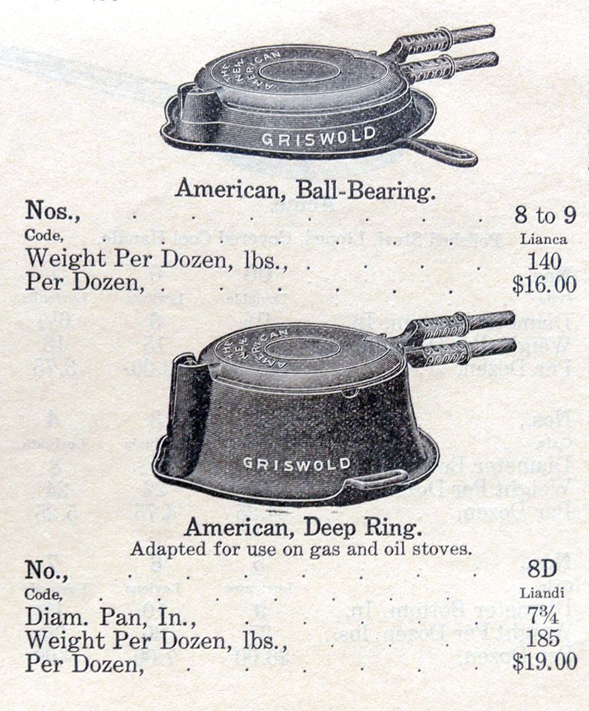 This hardware catalog illustration shows two styles of patented Griswold waffle irons, circa 1920: the regular for cast iron stoves and the deep ring for gas and oil stoves. Roughwood Collection