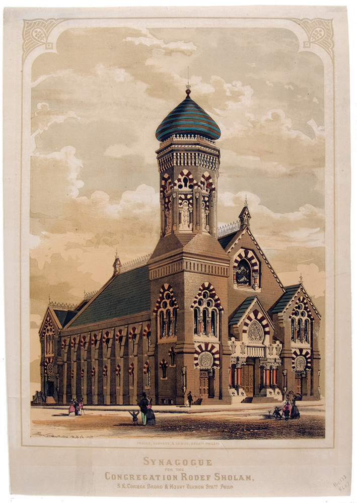 At North Broad and Mount Vernon streets, Rodeph Shalom’s first purpose-built temple — designed by Frank Furness —announced the growing presence and aspirations of the newly developed neighborhood’s prospering German Jewish community. Historical Society of Pennsylvania
