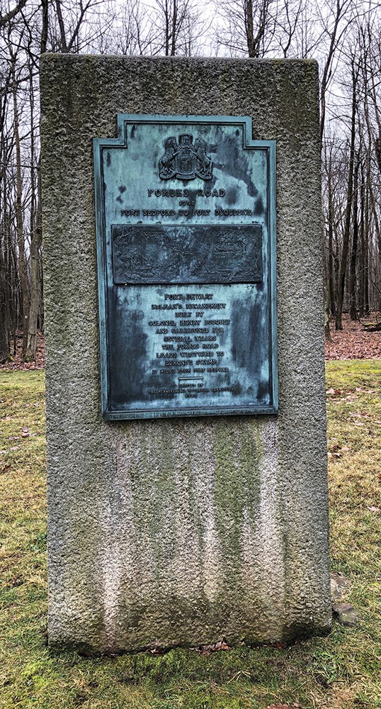 The monument at Fort Dewart is one in a series installed in 1930 marking different points along Forbes Road. Pennsylvania State Historic Preservation Office