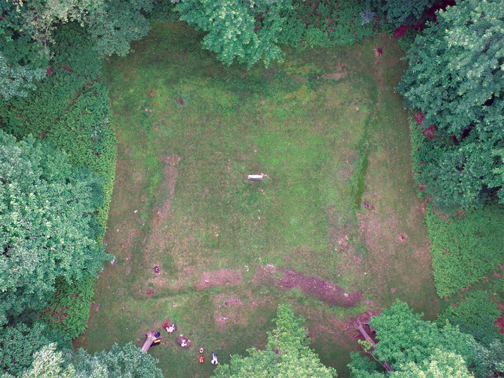 A drone image shows the star-shaped outline of Fort Dewart. Pennsylvania State Historic Preservation Office / Photo, Isaac Fisher, Dimensions